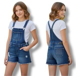 GUESS Vintage Y2K Distressed Denim Overalls Shortalls Rhinestone Logo Girls 16
